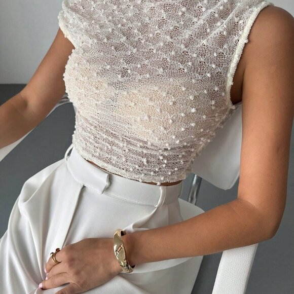 Apricot Casual Women's Asymmetric Neck Textured Knit Gathered Bodycon T-Shirt - Picture 1 of 7